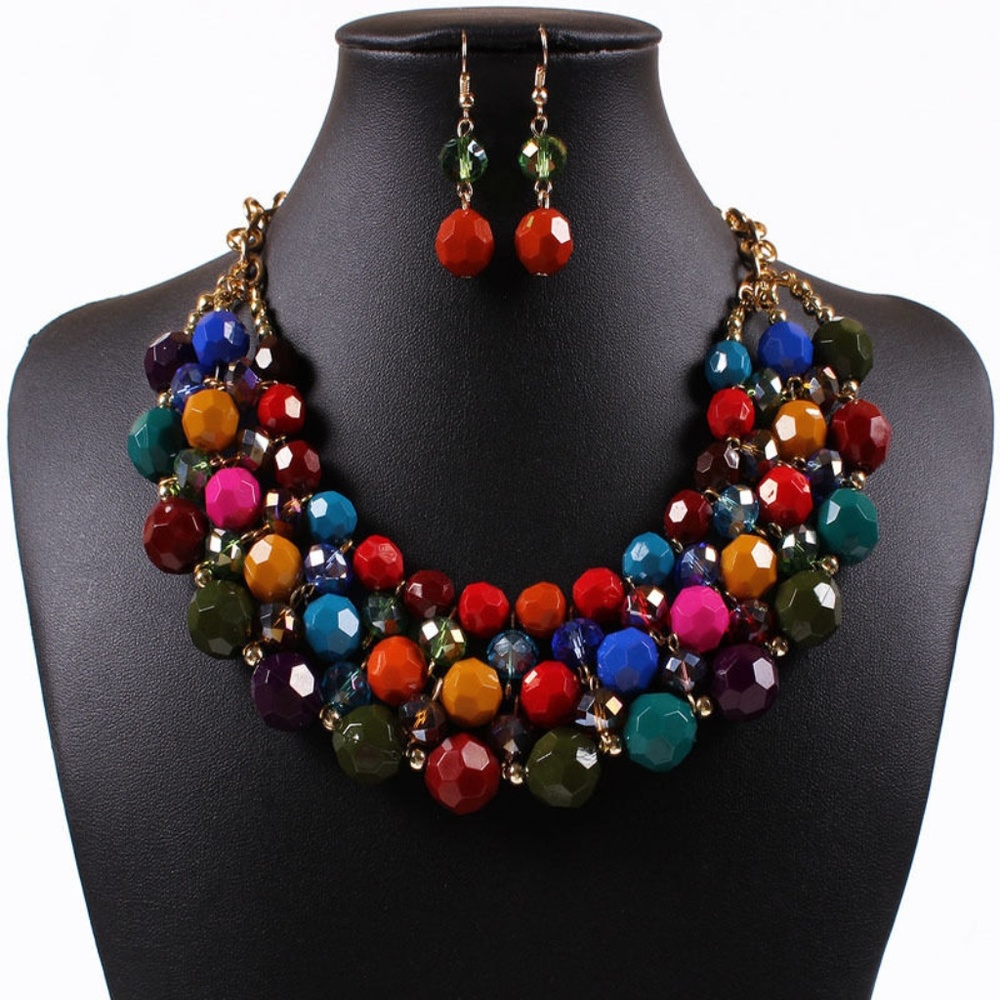 FUN!! Crystal Chunky Statement Bib Necklace Set